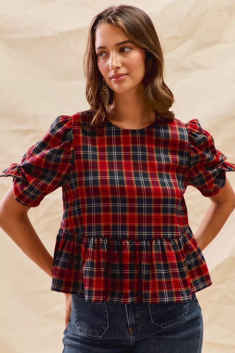 SO ME SO ME Christmas Holiday Plaid Ribbon Short Sleeves Top