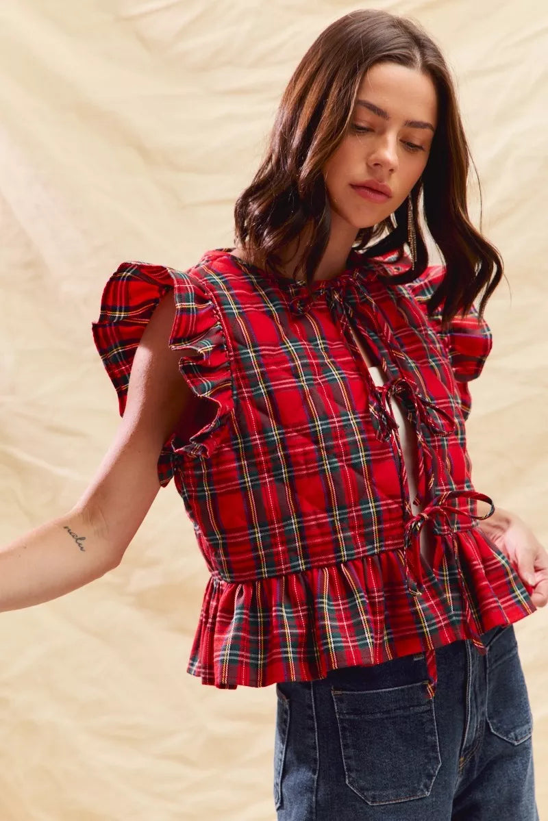 SO ME SO ME Christmas Holiday Plaid Ruffled Quilt Vest Top