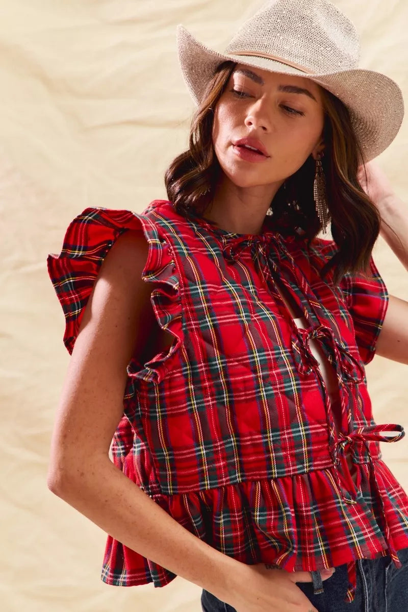 SO ME SO ME Christmas Holiday Plaid Ruffled Quilt Vest Top