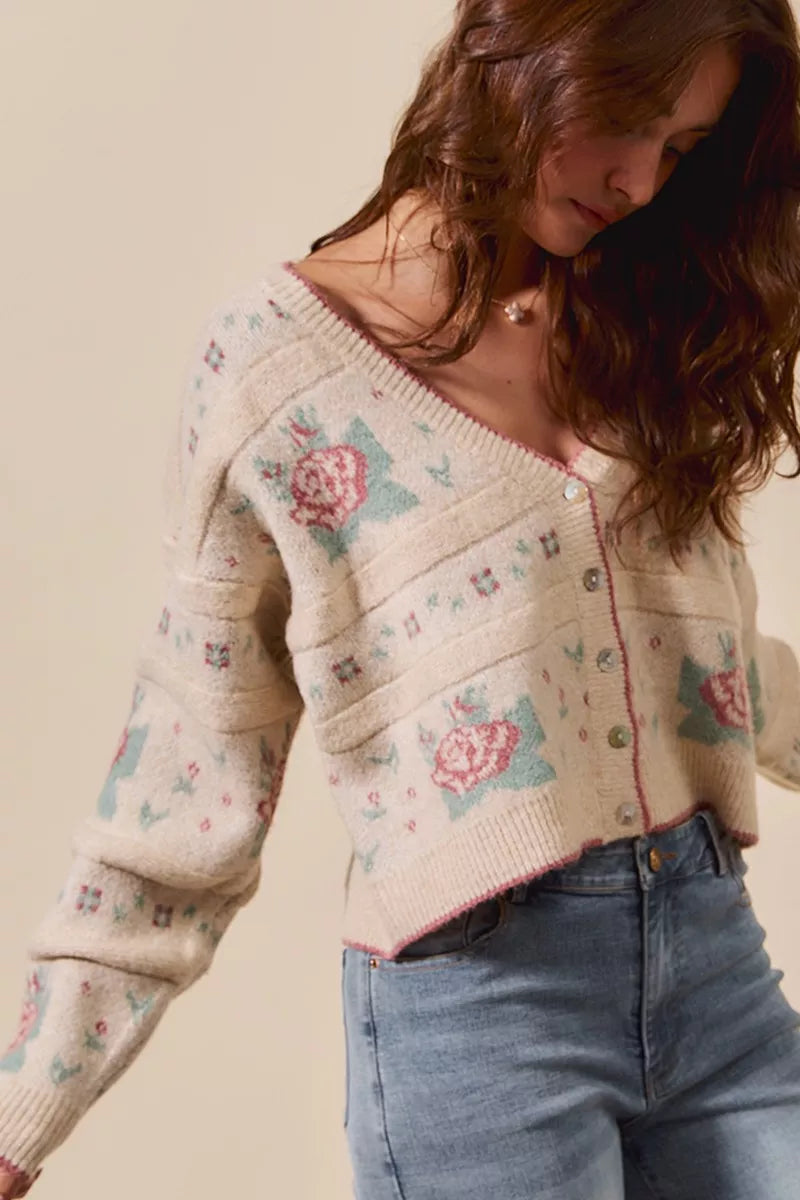 SO ME SO ME Floral Pattern Long Sleeve Button Sweater Cardigan