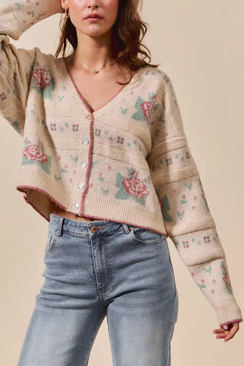 SO ME SO ME Floral Pattern Long Sleeve Button Sweater Cardigan