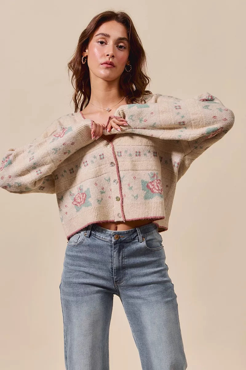 SO ME SO ME Floral Pattern Long Sleeve Button Sweater Cardigan