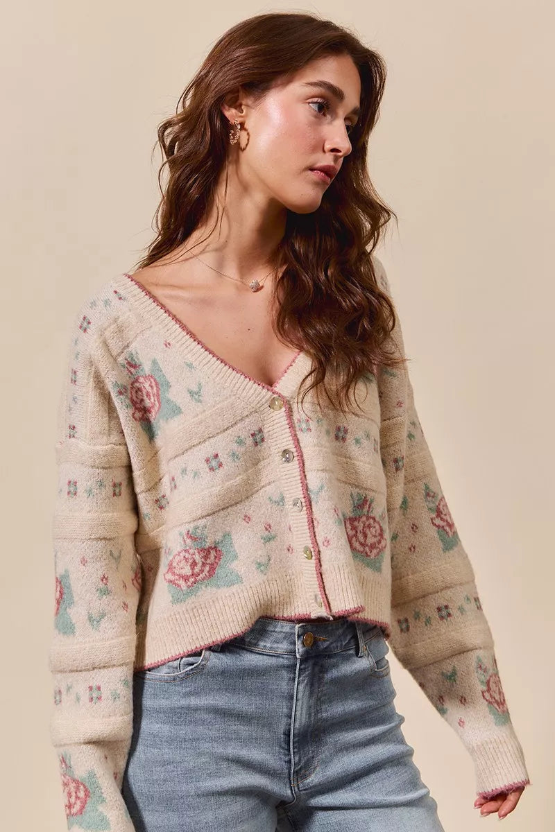 SO ME SO ME Floral Pattern Long Sleeve Button Sweater Cardigan