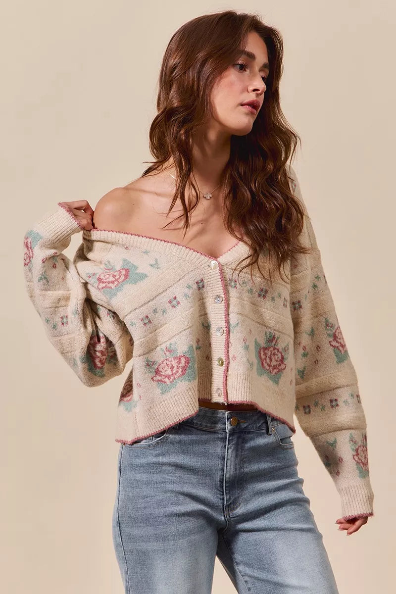 SO ME SO ME Floral Pattern Long Sleeve Button Sweater Cardigan