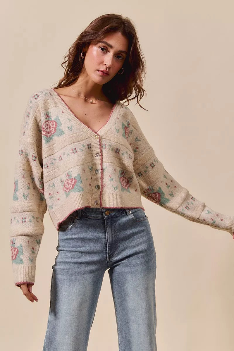 SO ME SO ME Floral Pattern Long Sleeve Button Sweater Cardigan