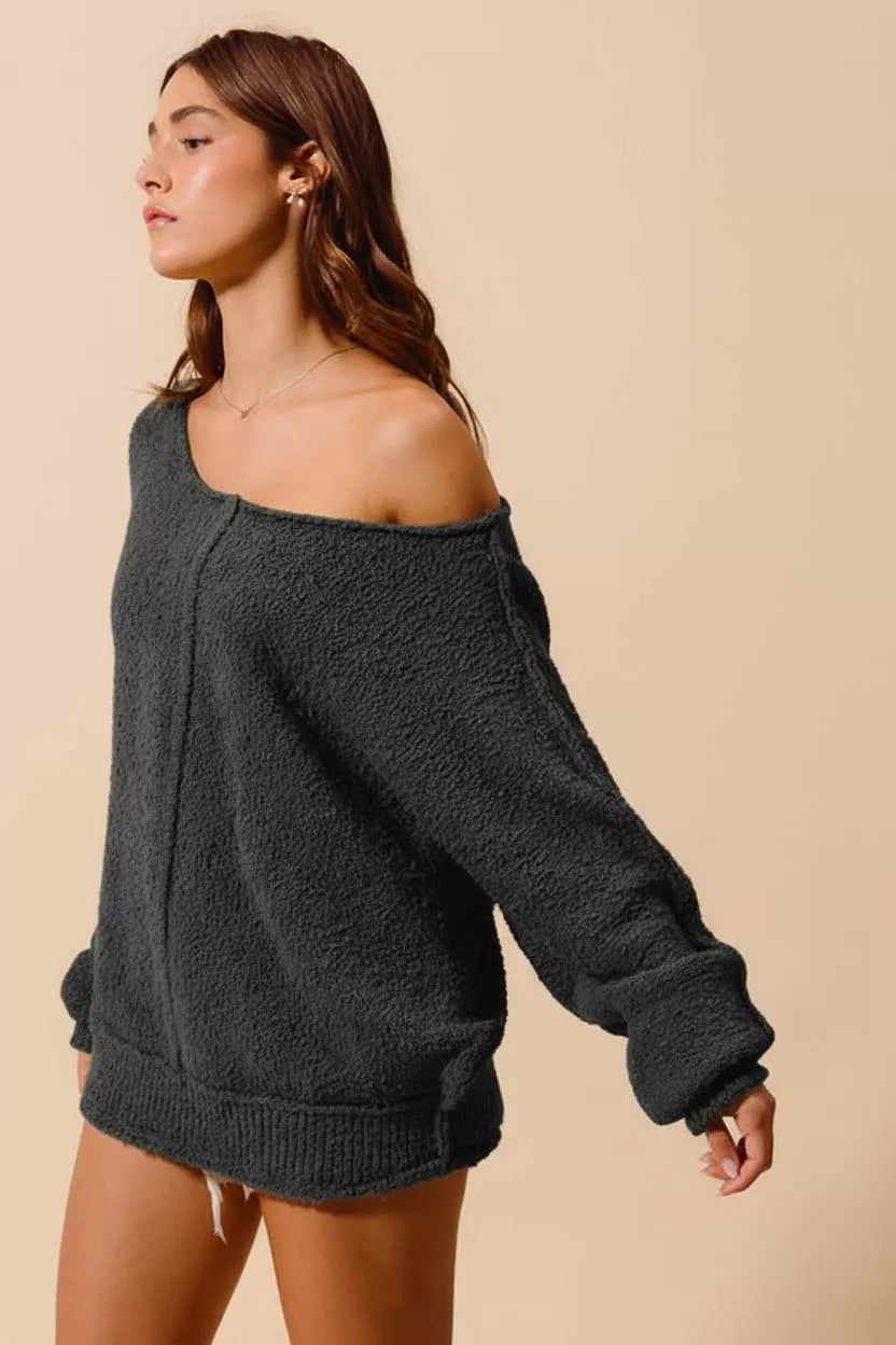 SO ME SO ME Loose Fit Exposed Seam Slouchy Boucle Sweater