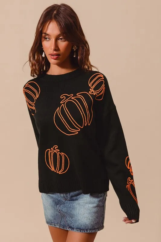 SO ME SO ME Pumpkin Embroidered Halloween Thanksgiving Sweater