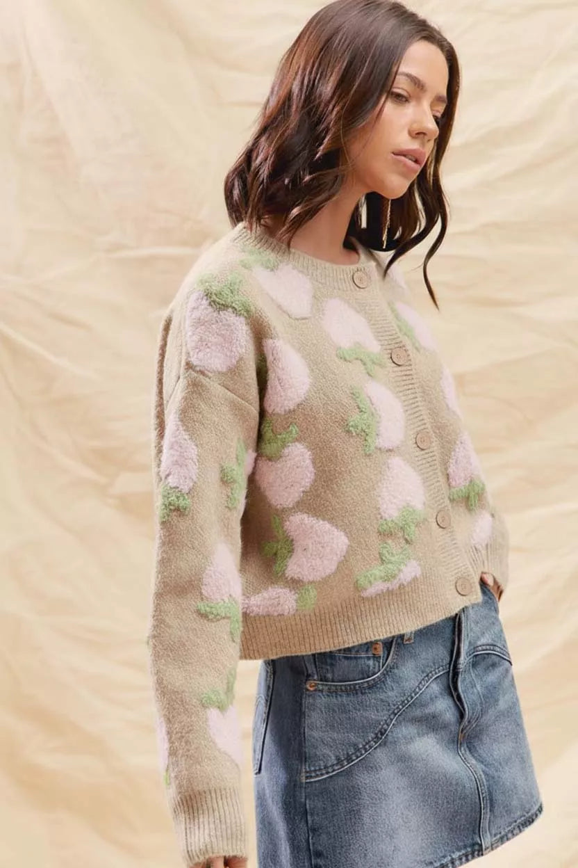 SO ME SO ME Strawberry Fruit All Over Button Sweater Cardigan