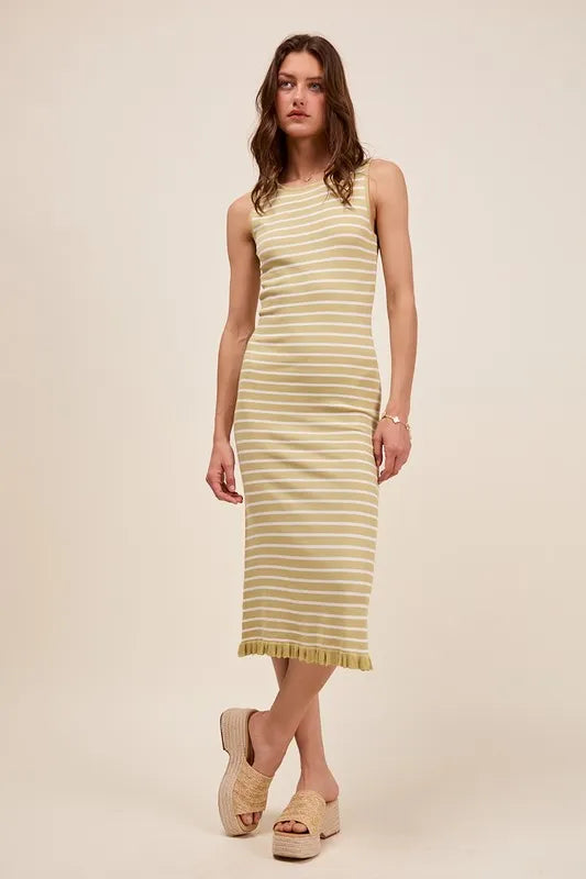 SO ME Sweater Dresses SAGE/OFF WHITE / S SO ME Stripe Sleeveless Sweater Knit Maxi Dress With Ruffled Hem