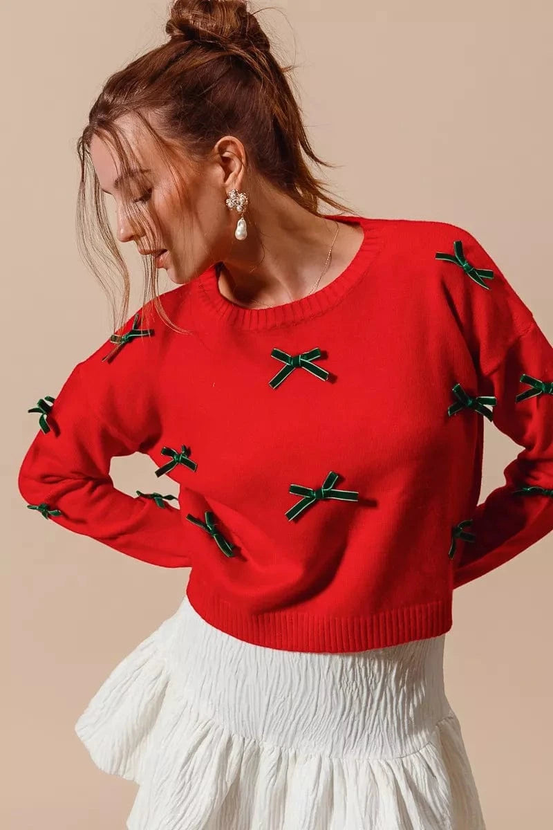 SO ME sweaters RED/HUNTER / S SO ME Ribbon Bow Applique Sweater