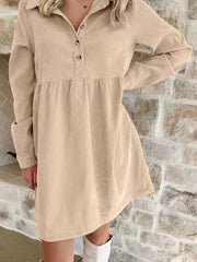 SYNZ Beige / S Corduroy Half Button Collared Long Sleeve Mini Dress