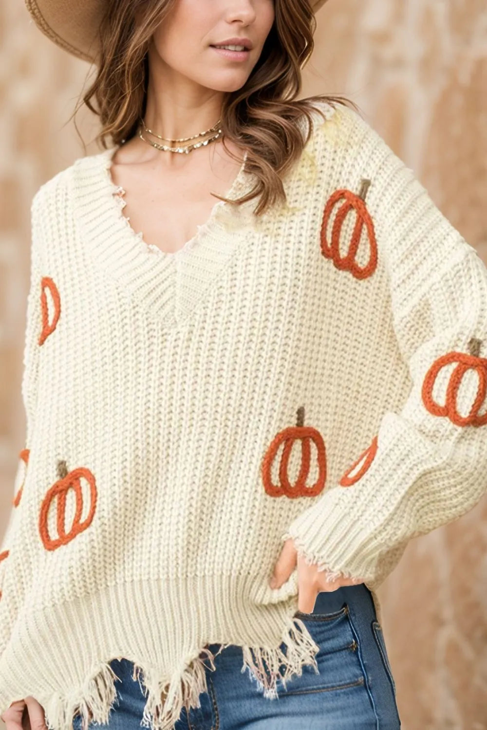 SYNZ Beige / S Raw Hem Pumpkin V-Neck Long Sleeve Sweater