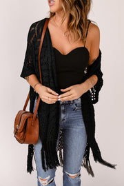 SYNZ Black / One Size Fringe Hem Slit Open Front Cardigan