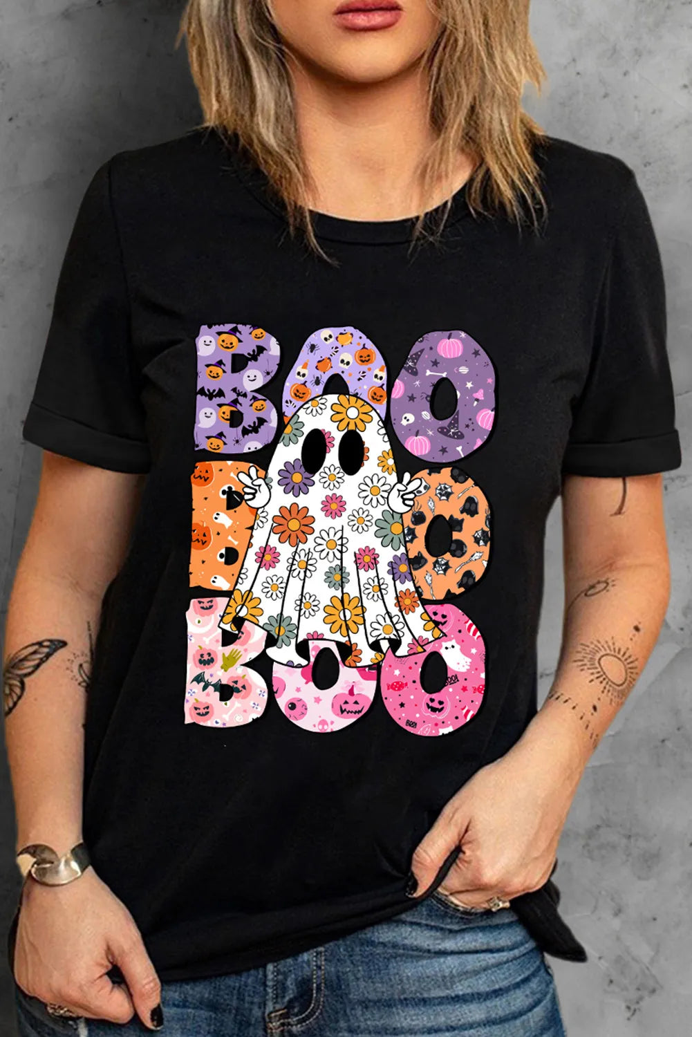 SYNZ Black / S BOO Ghost Graphic Round Neck Short Sleeve T-Shirt