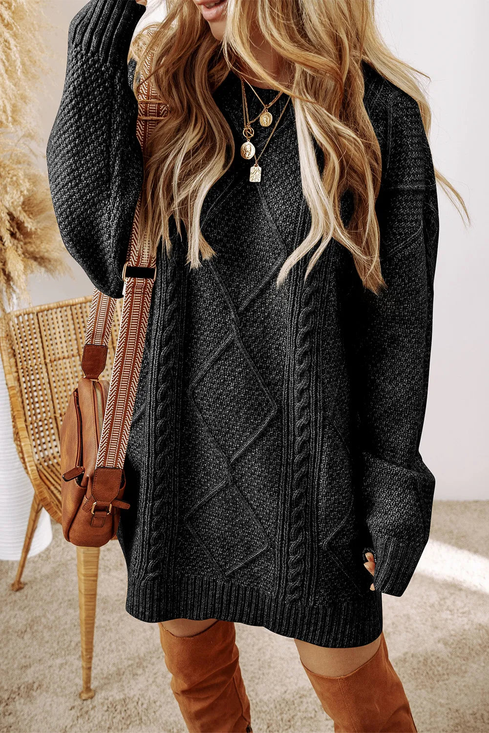 SYNZ Black / S Cable-Knit Round Neck Sweater Dress