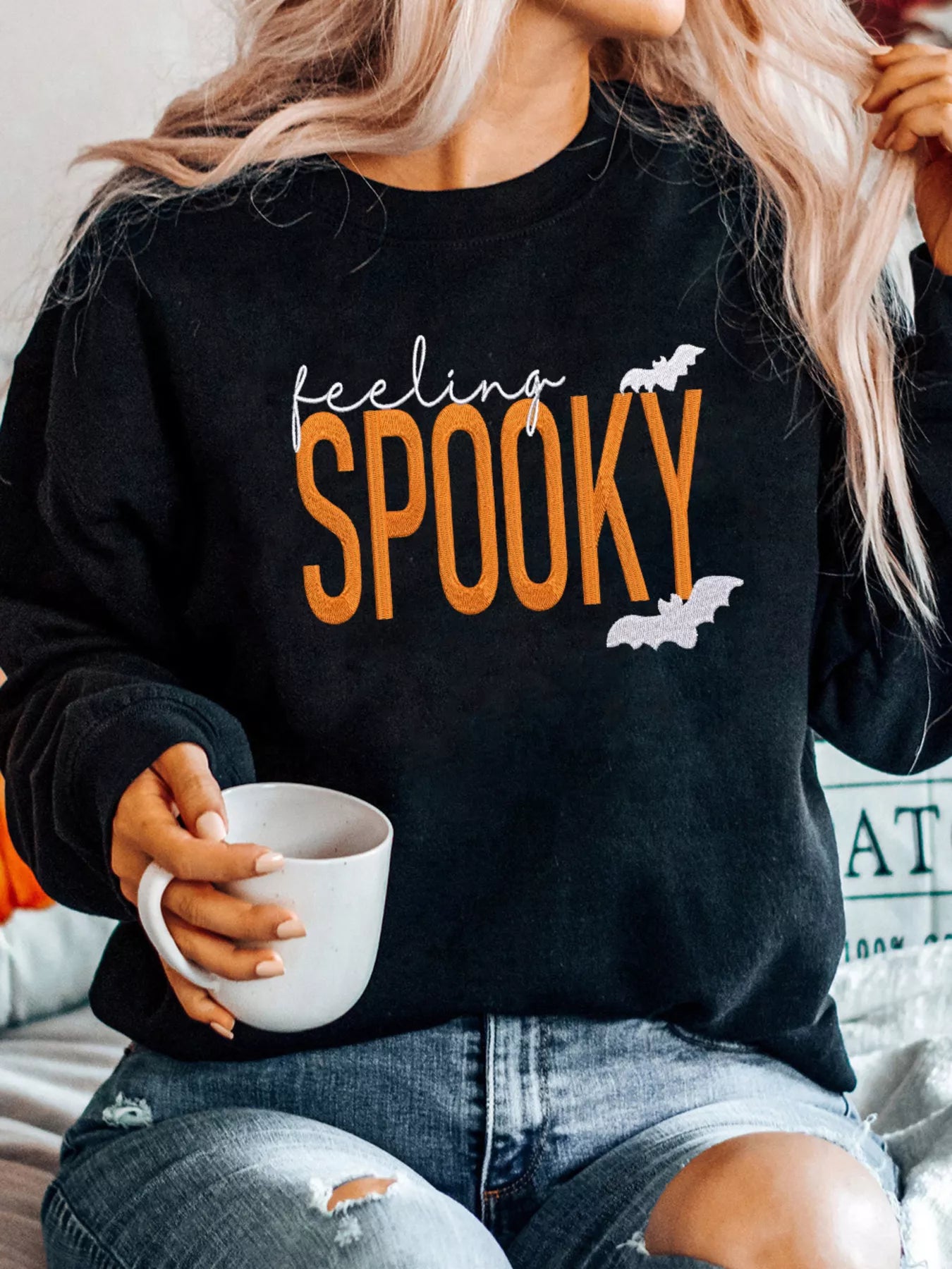 SYNZ Black / S Feeling Spooky Halloween Embroidered Sweatshirt