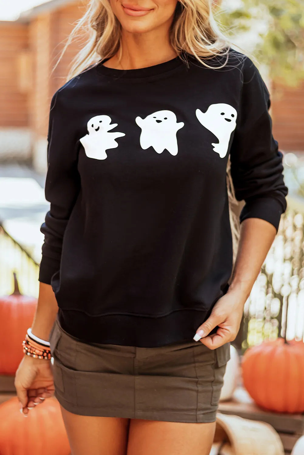 SYNZ Black / S Ghost Round Neck Long Sleeve Sweatshirt