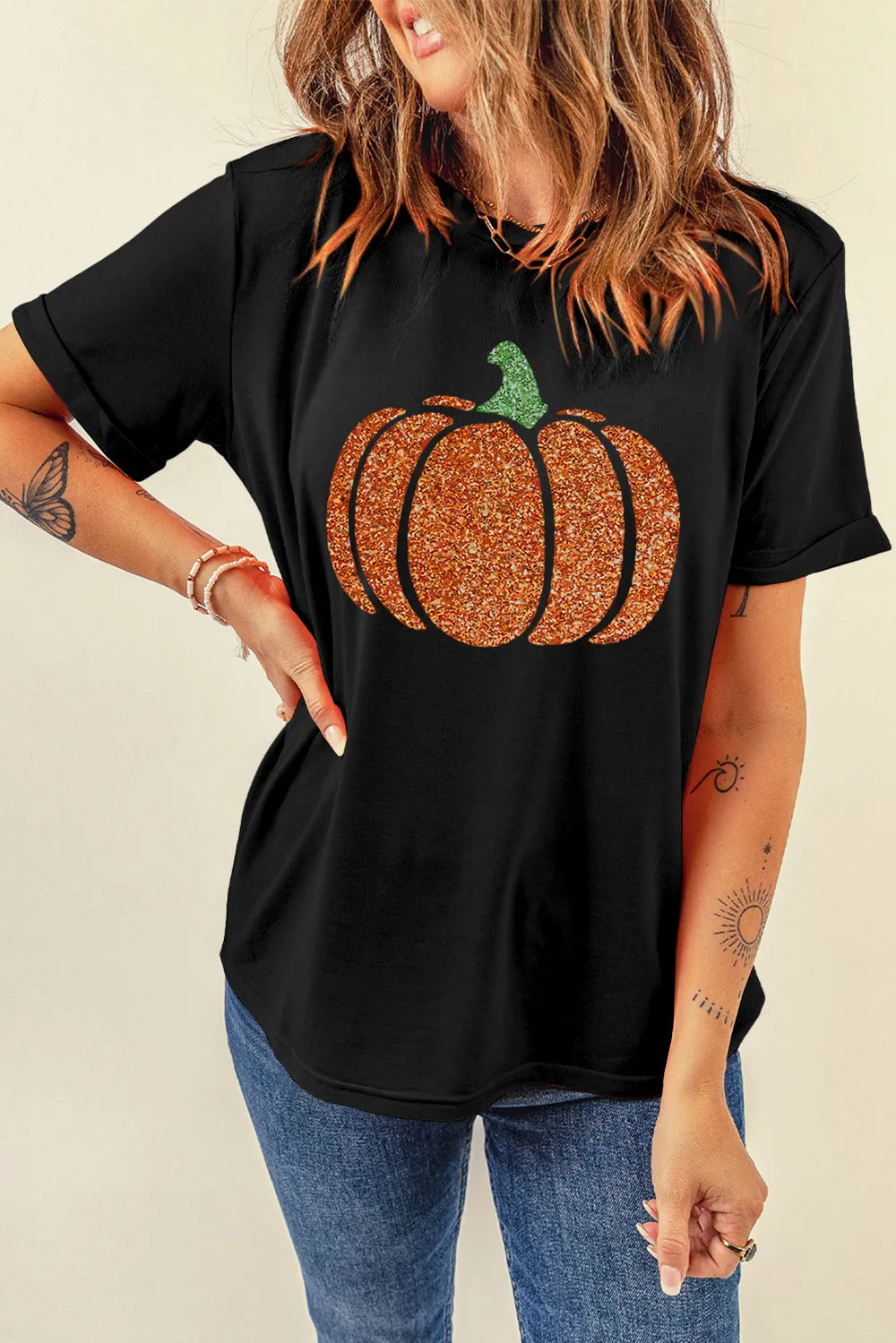 SYNZ Black / S Glitter Pumpkin Round Neck Short Sleeve T-Shirt