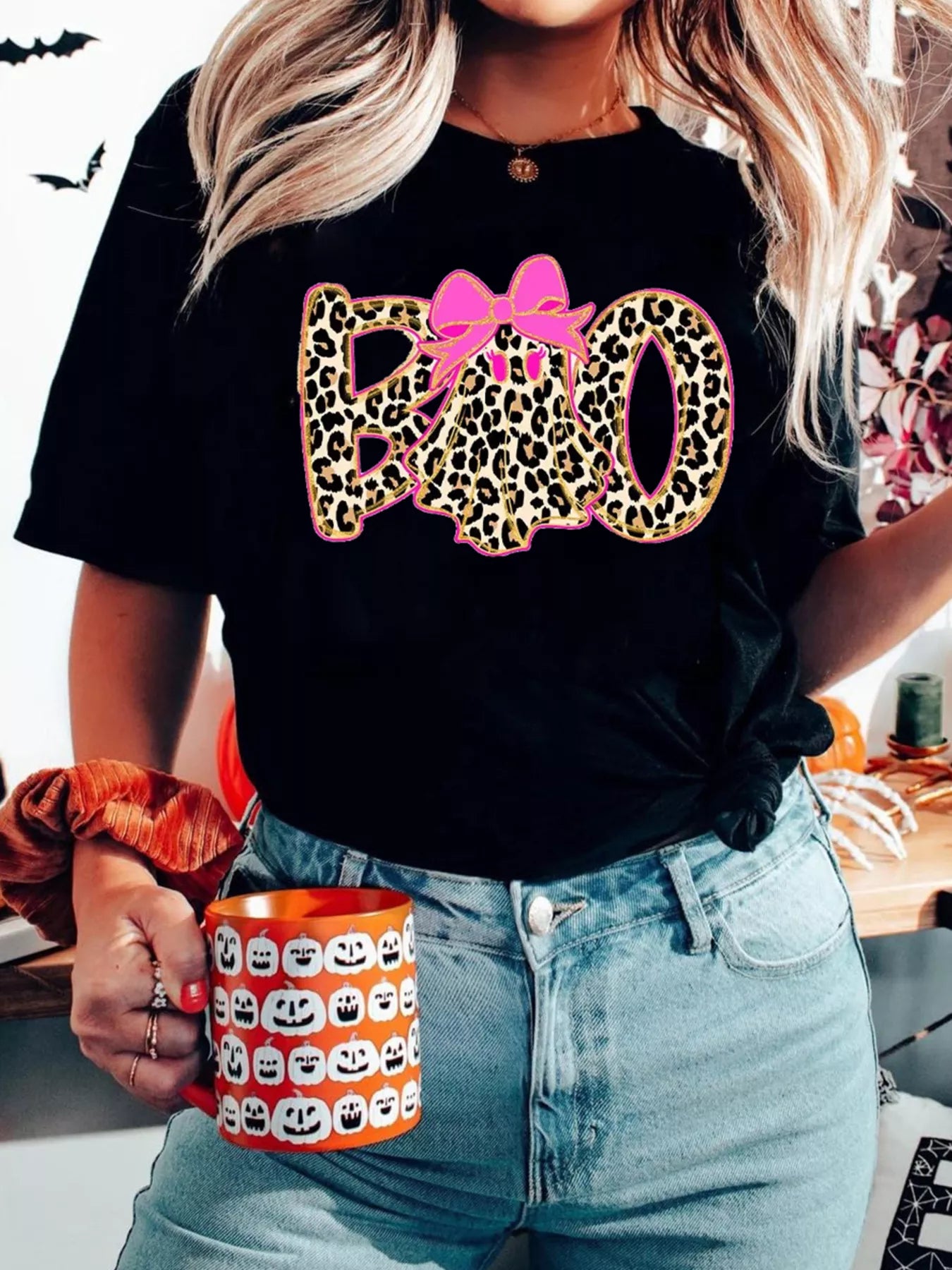 SYNZ Black / S Halloween Ghost Boo Graphic Round Neck T Shirt