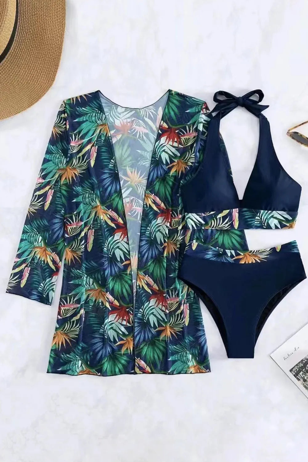 SYNZ Black / S Printed Halter Neck Three-Piece Swim Set