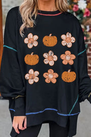 SYNZ Black / S Pumpkin & Flower Graphic Long Sleeve Sweatshirt