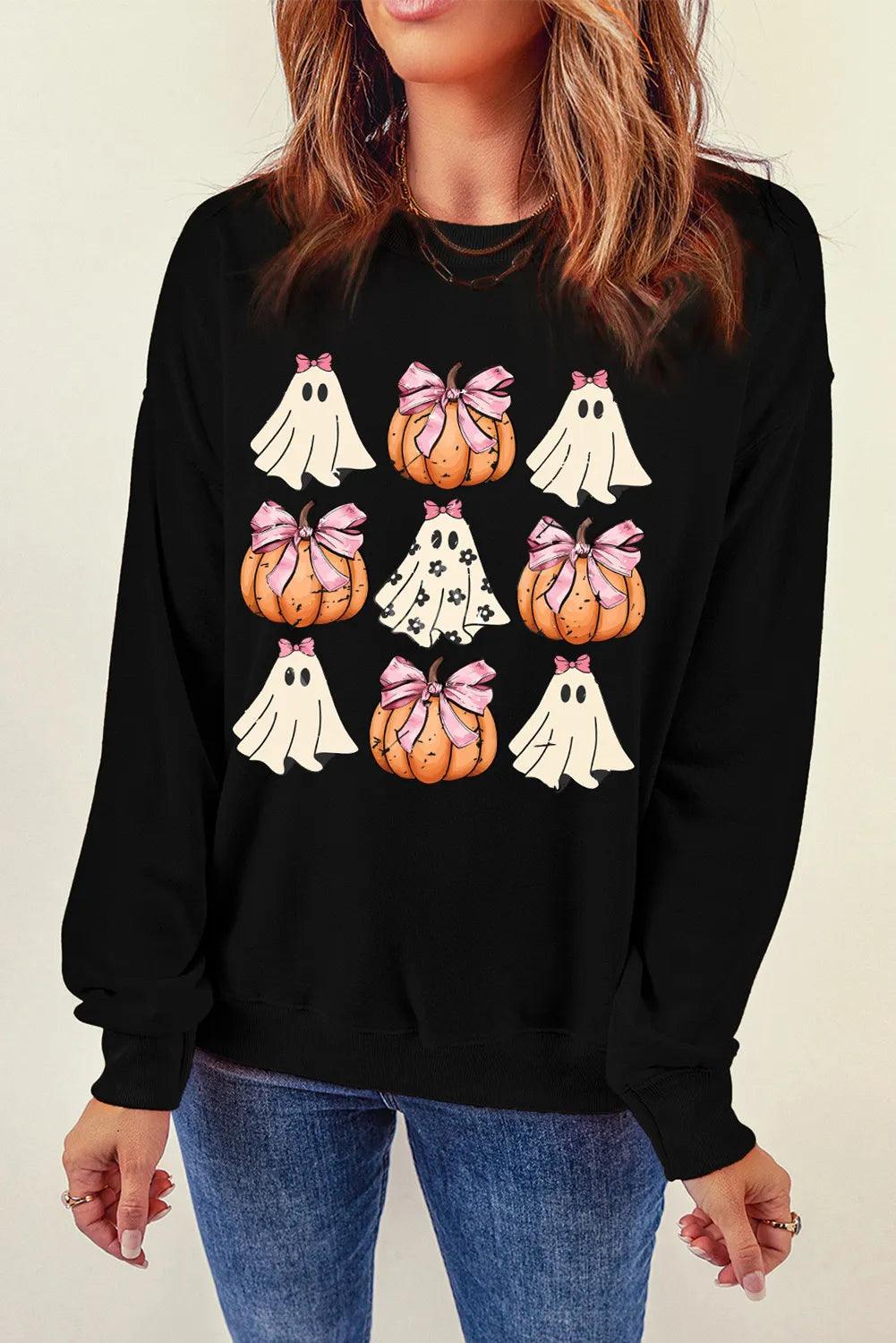 SYNZ Black / S Pumpkin & Ghost Round Neck Long Sleeve Sweatshirt