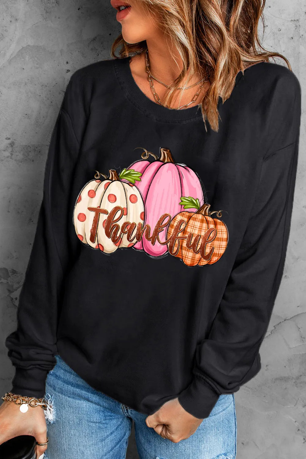 SYNZ Black / S Pumpkin Graphic Round Neck Dropped Shoulder Sweatshirt
