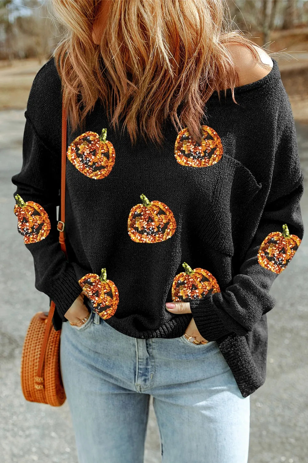 SYNZ Black / S Pumpkin Round Neck Long Sleeve Knit Top