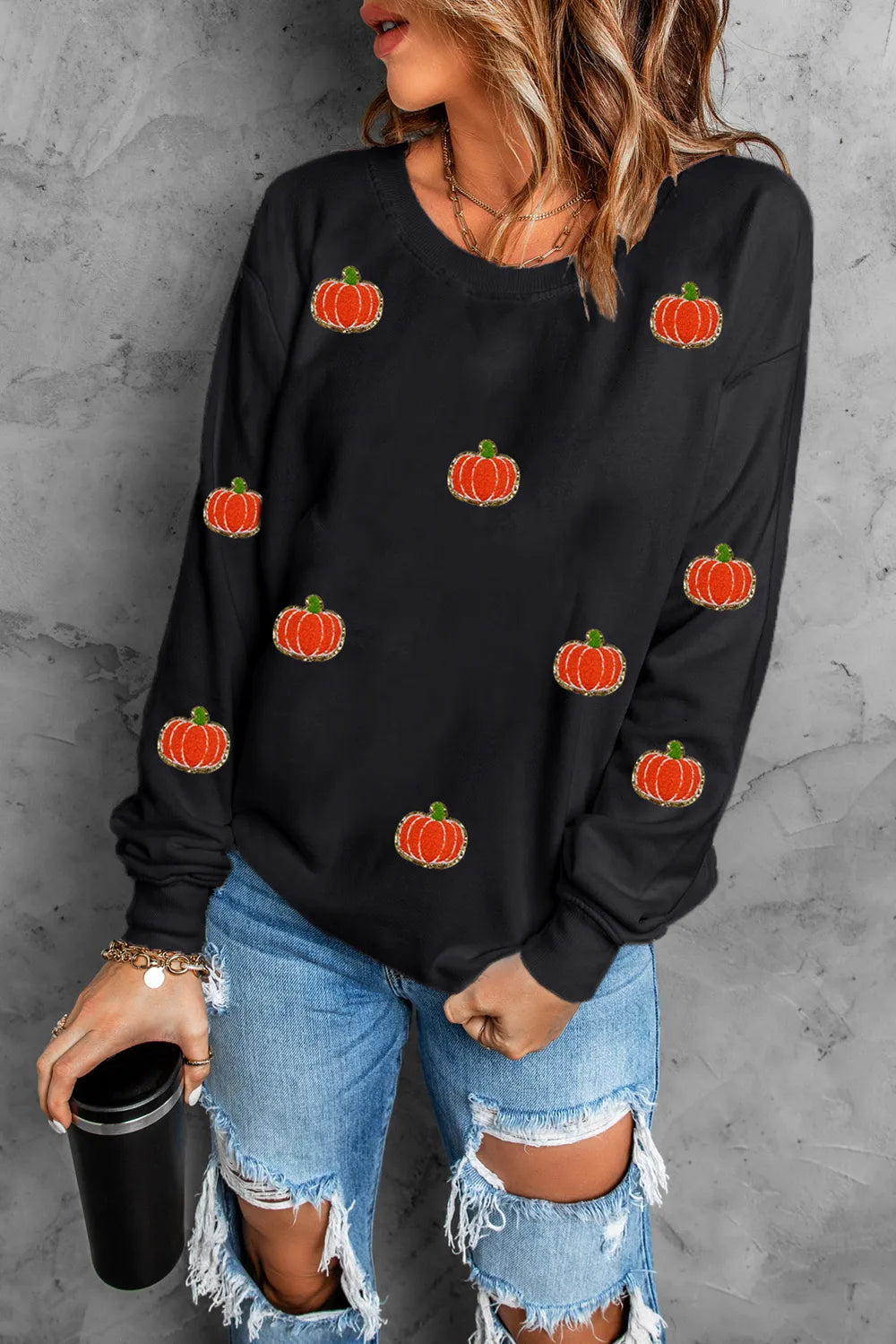 SYNZ Black / S Pumpkin Round Neck Long Sleeve Sweatshirt
