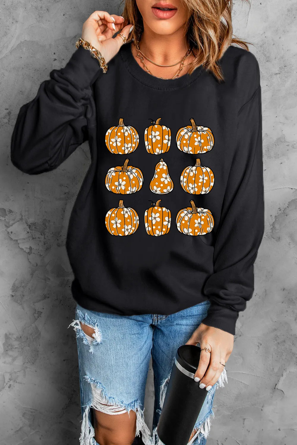 SYNZ Black / S Pumpkin Round Neck Long Sleeve Sweatshirt