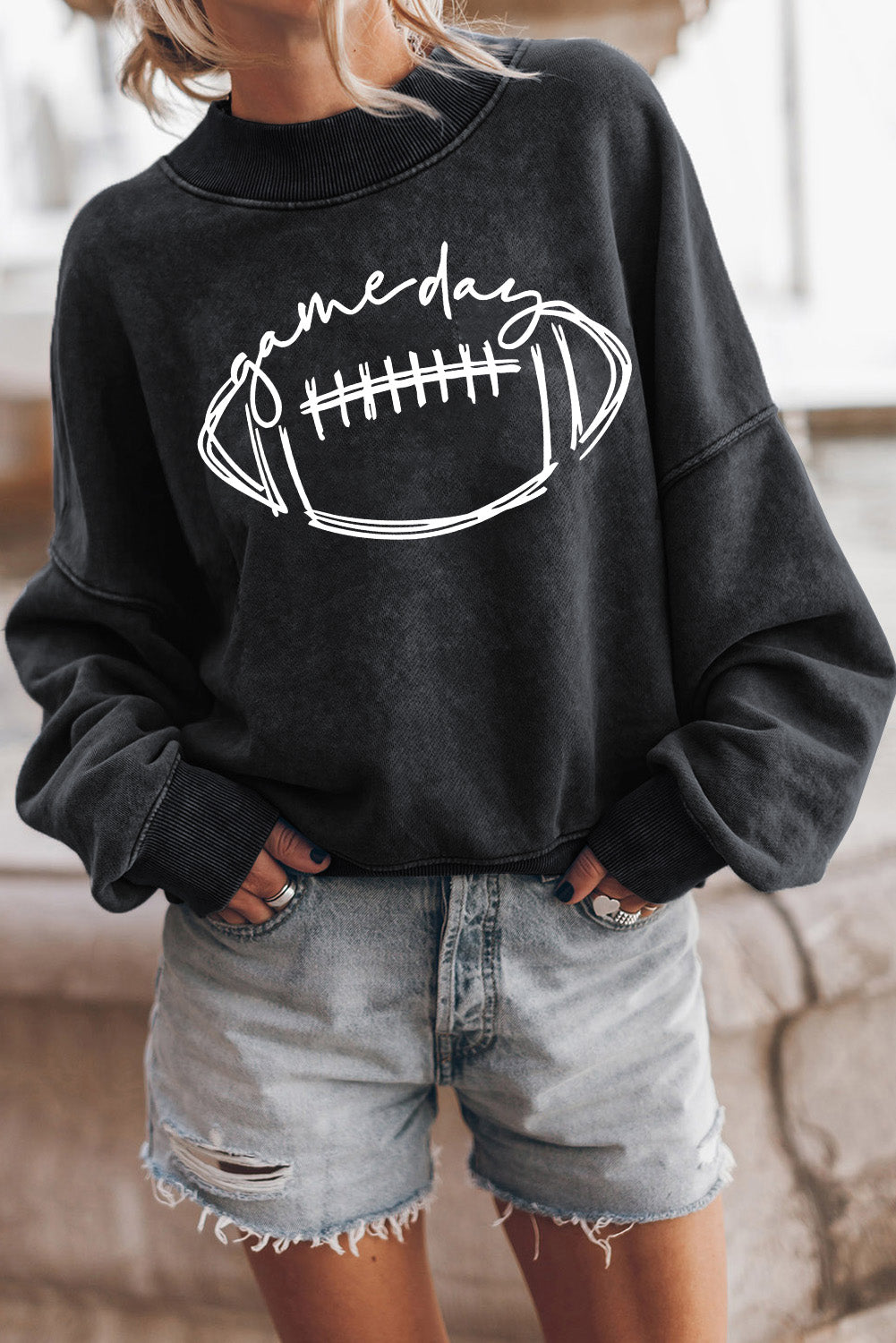SYNZ Black / S Round Neck Long Sleeve FOOTBALL Graphic Sweatshirt