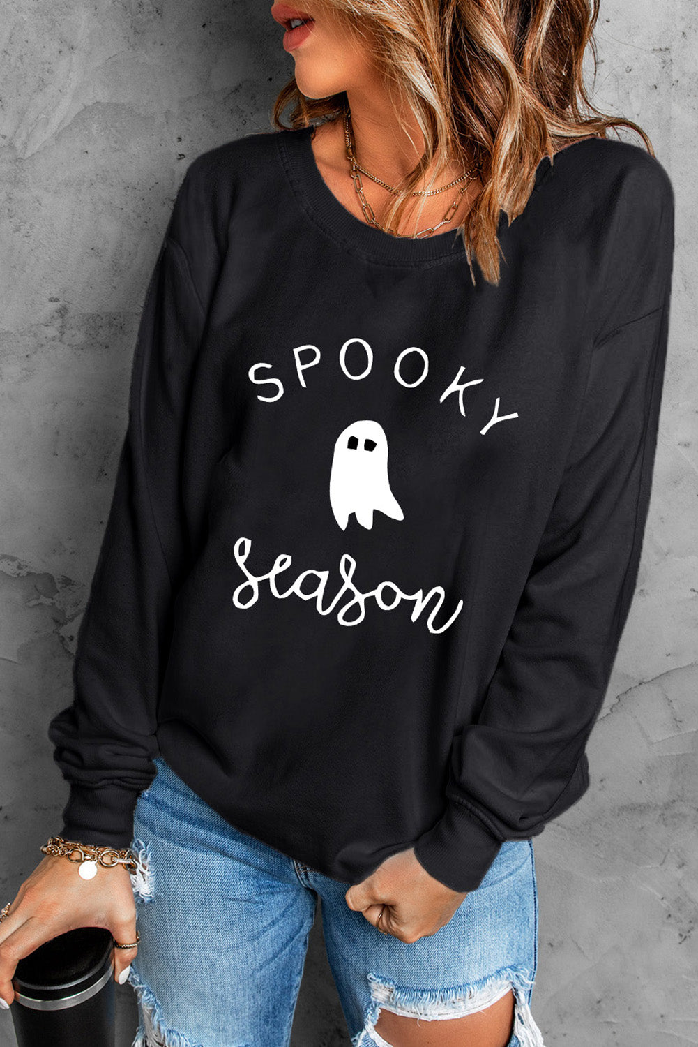 SYNZ Black / S Round Neck Long Sleeve SPOOKY SEASON Graphic Sweatshirt
