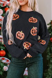 SYNZ Black / S Sequin Patch Pumpkin Round Neck Sweatshirt