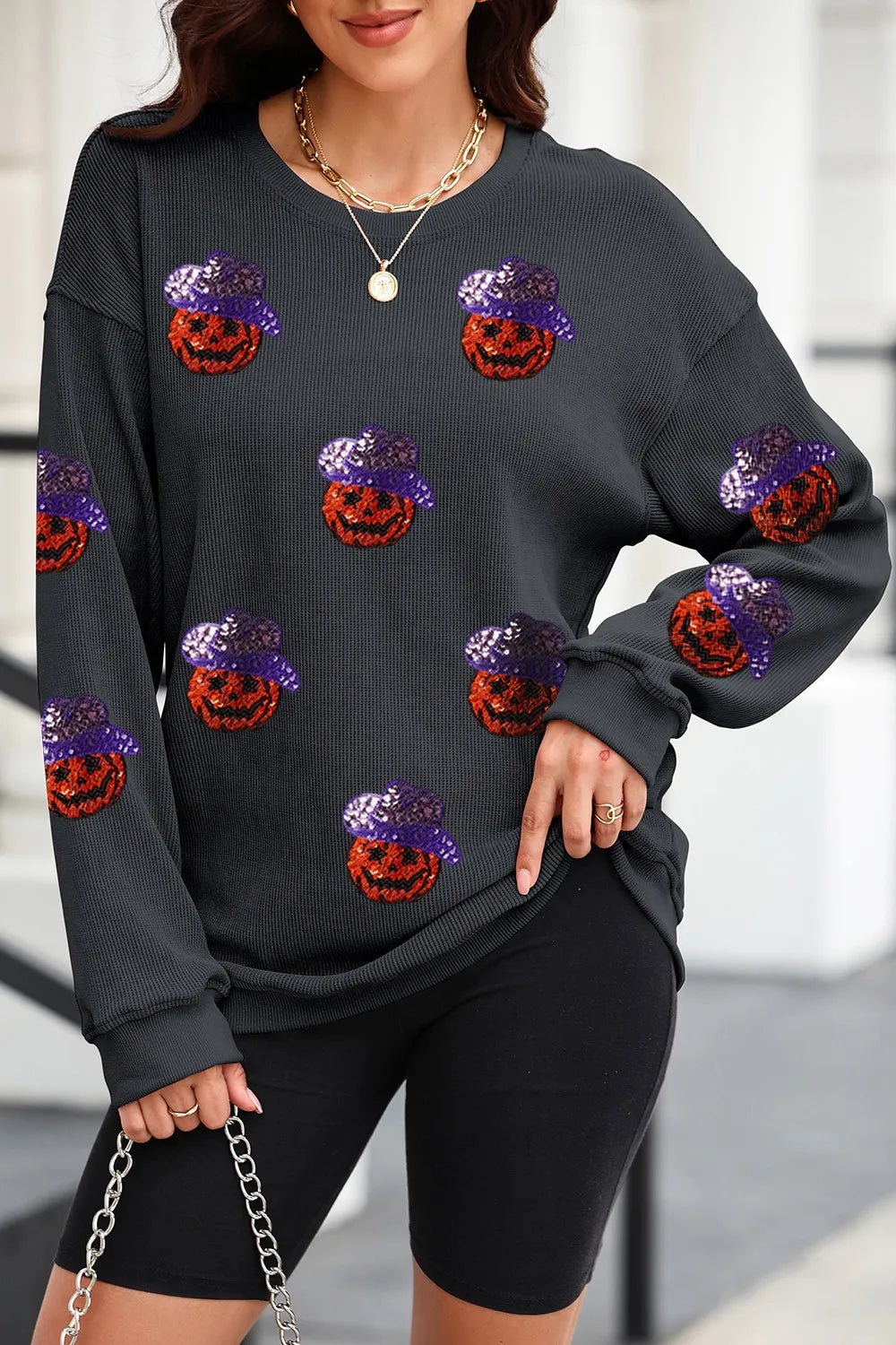 SYNZ Black / S Sequin Pumpkin Long Sleeve Sweatshirt