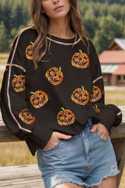 SYNZ Black / S Sequin Pumpkin Round Neck Long Sleeve Sweatshirt