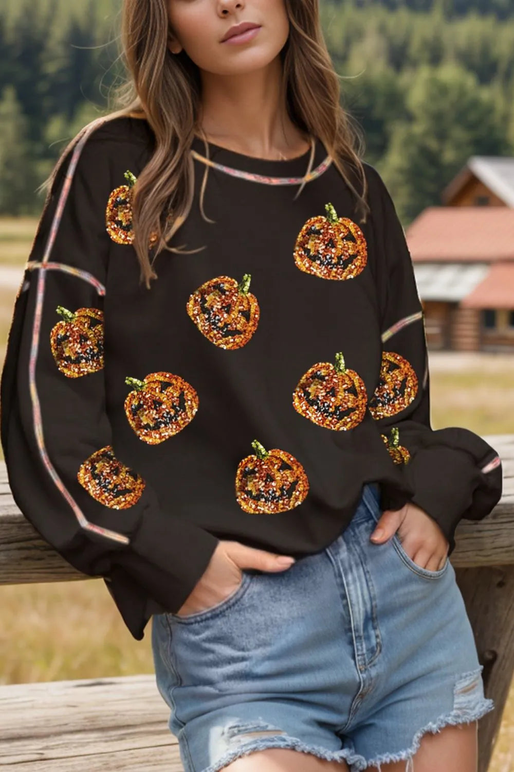 SYNZ Black / S Sequin Pumpkin Round Neck Long Sleeve Sweatshirt