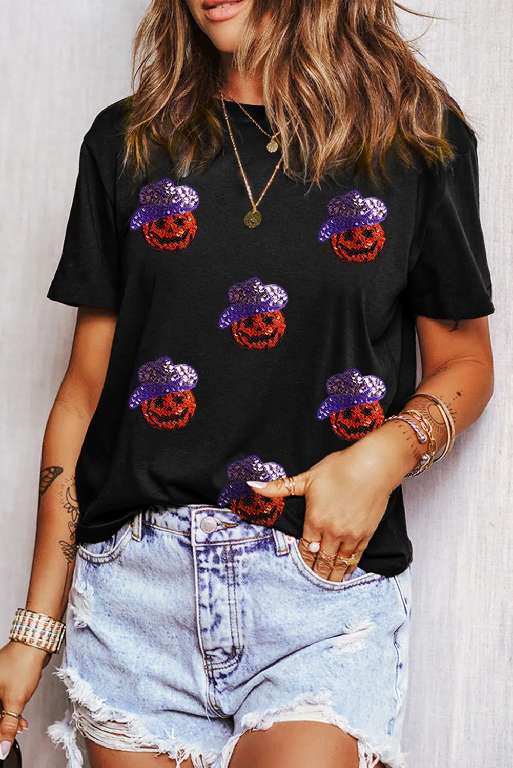 SYNZ Black / S Sequin Pumpkin Round Neck Short Sleeve T-Shirt