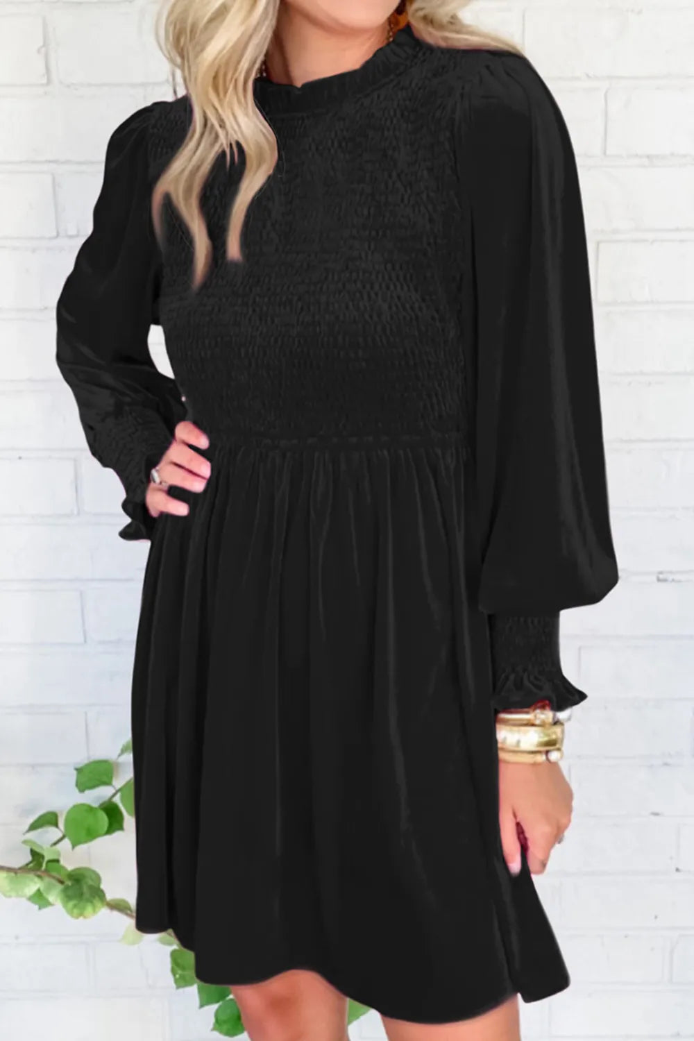 SYNZ Black / S Smocked Round Neck Long Sleeve Dress