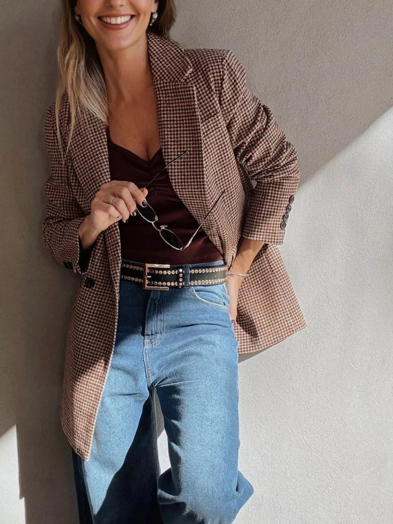 SYNZ Blazers Houndstooth Lapel Collar Blazer