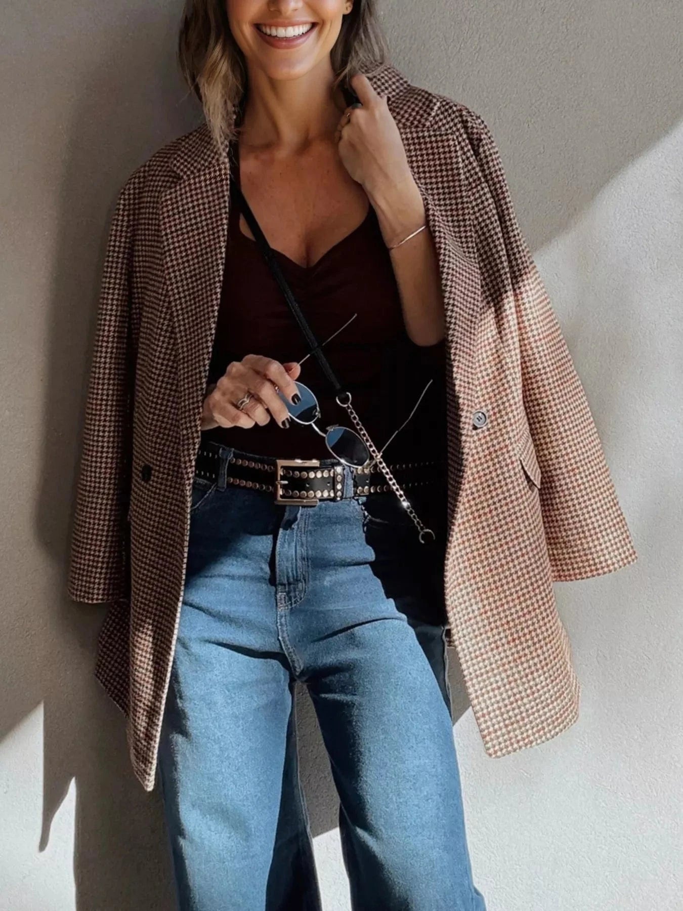 SYNZ Blazers Houndstooth Lapel Collar Blazer