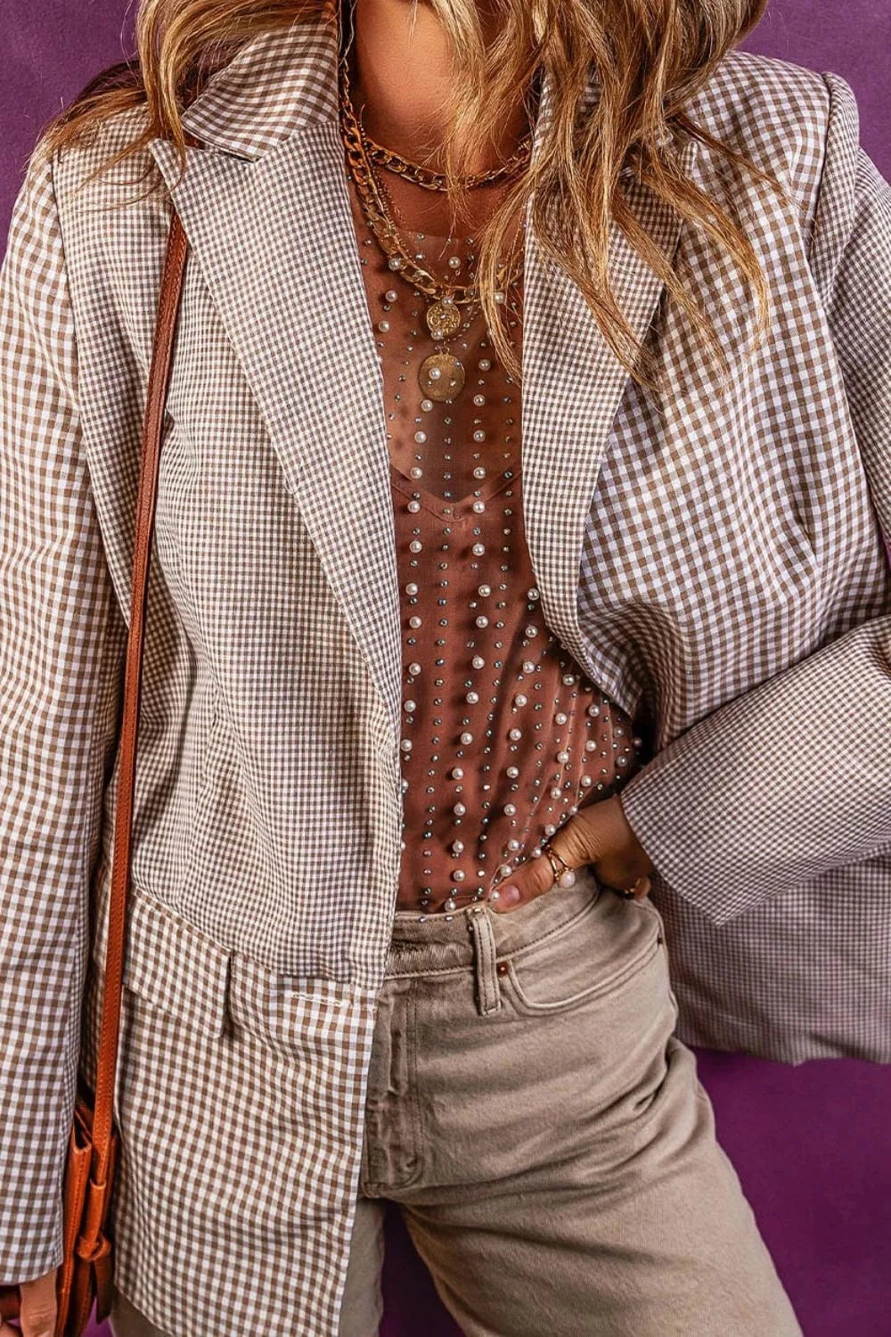 SYNZ Blazers Plaid Lapel Collar Pocketed Long Sleeve Blazer