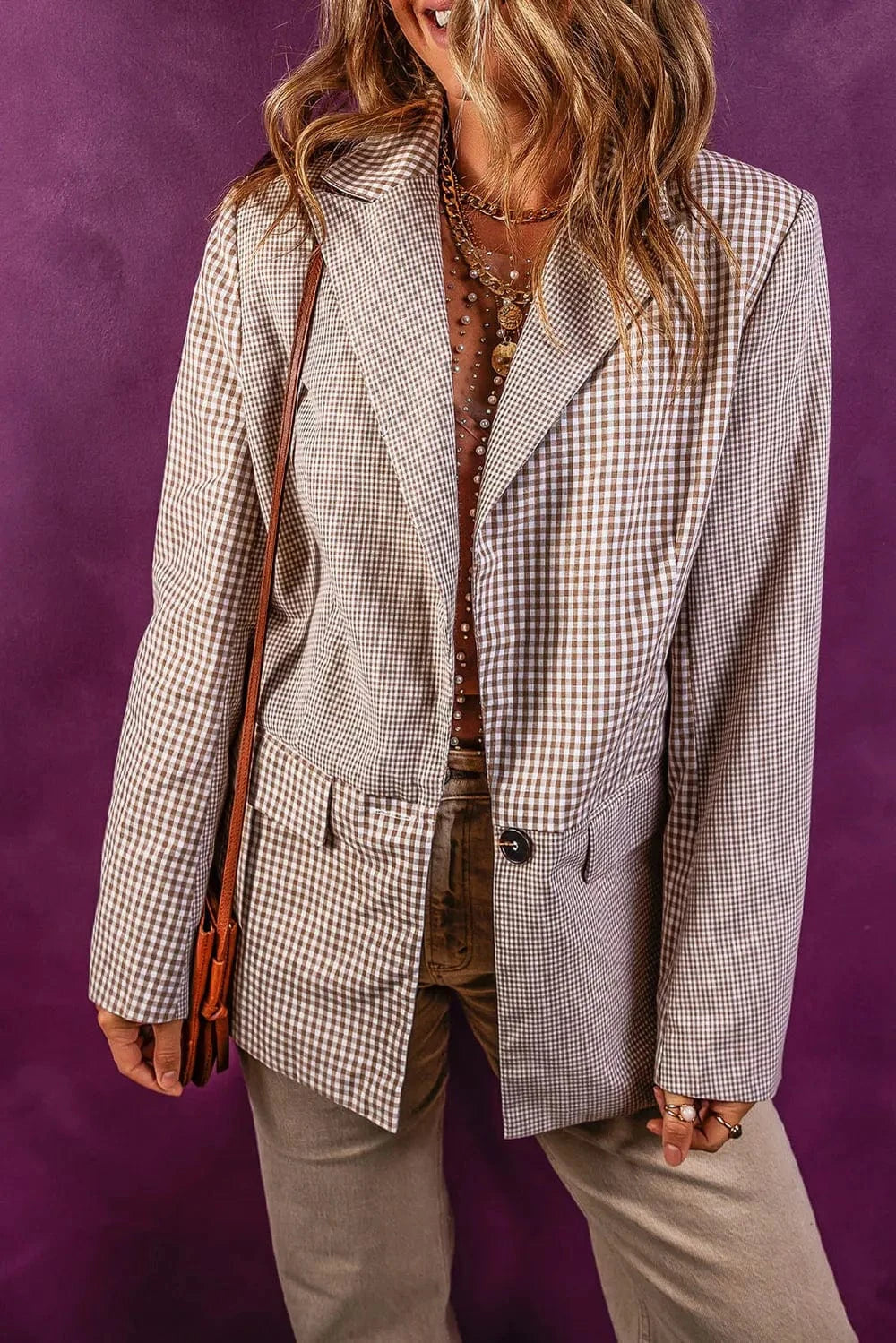 SYNZ Blazers Tan / S Plaid Lapel Collar Pocketed Long Sleeve Blazer