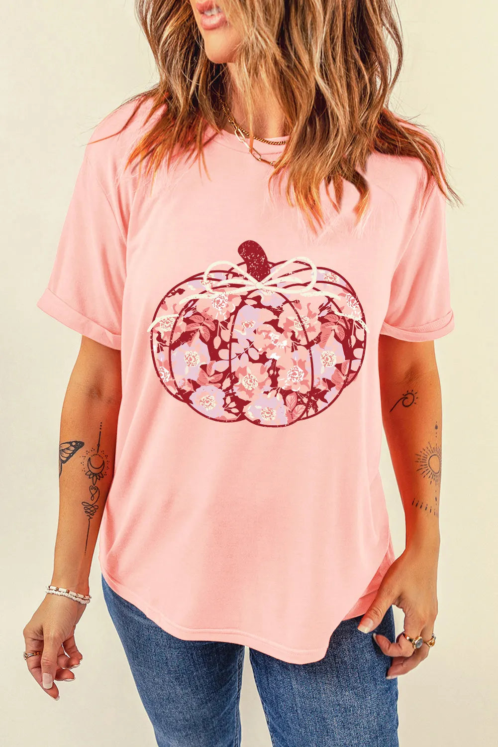 SYNZ Blush Pink / S Pumpkin Graphic Round Neck Long Sleeve T-Shirt