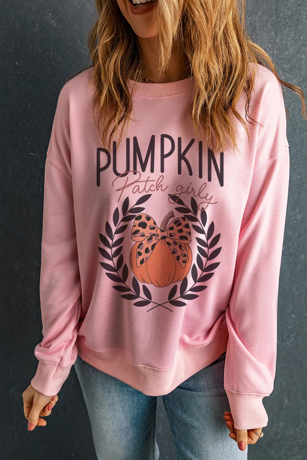 SYNZ Blush Pink / S Pumpkin Round Neck Long Sleeve Sweatshirt