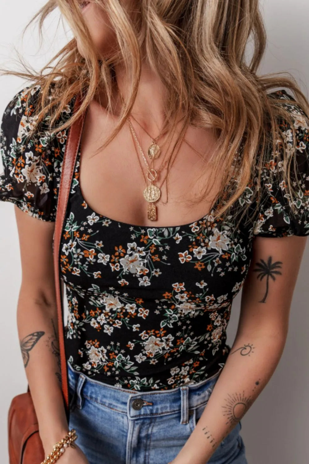 SYNZ Bodysuits Black / S Printed Scoop Neck Short Sleeve Bodysuit