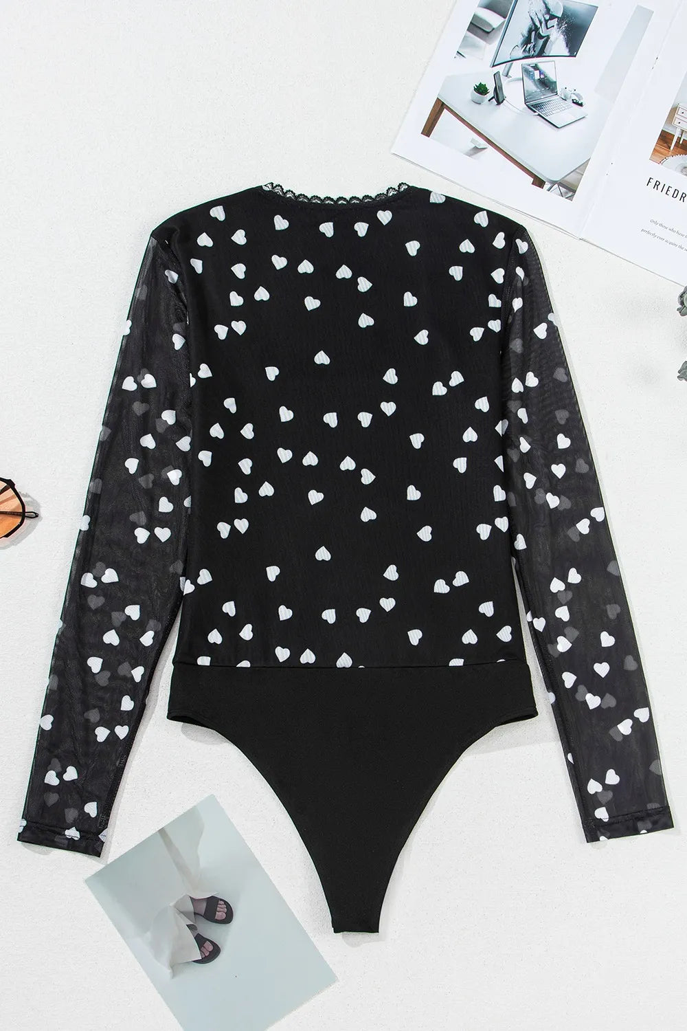 SYNZ Bodysuits Heart Square Neck Long Sleeve Bodysuit