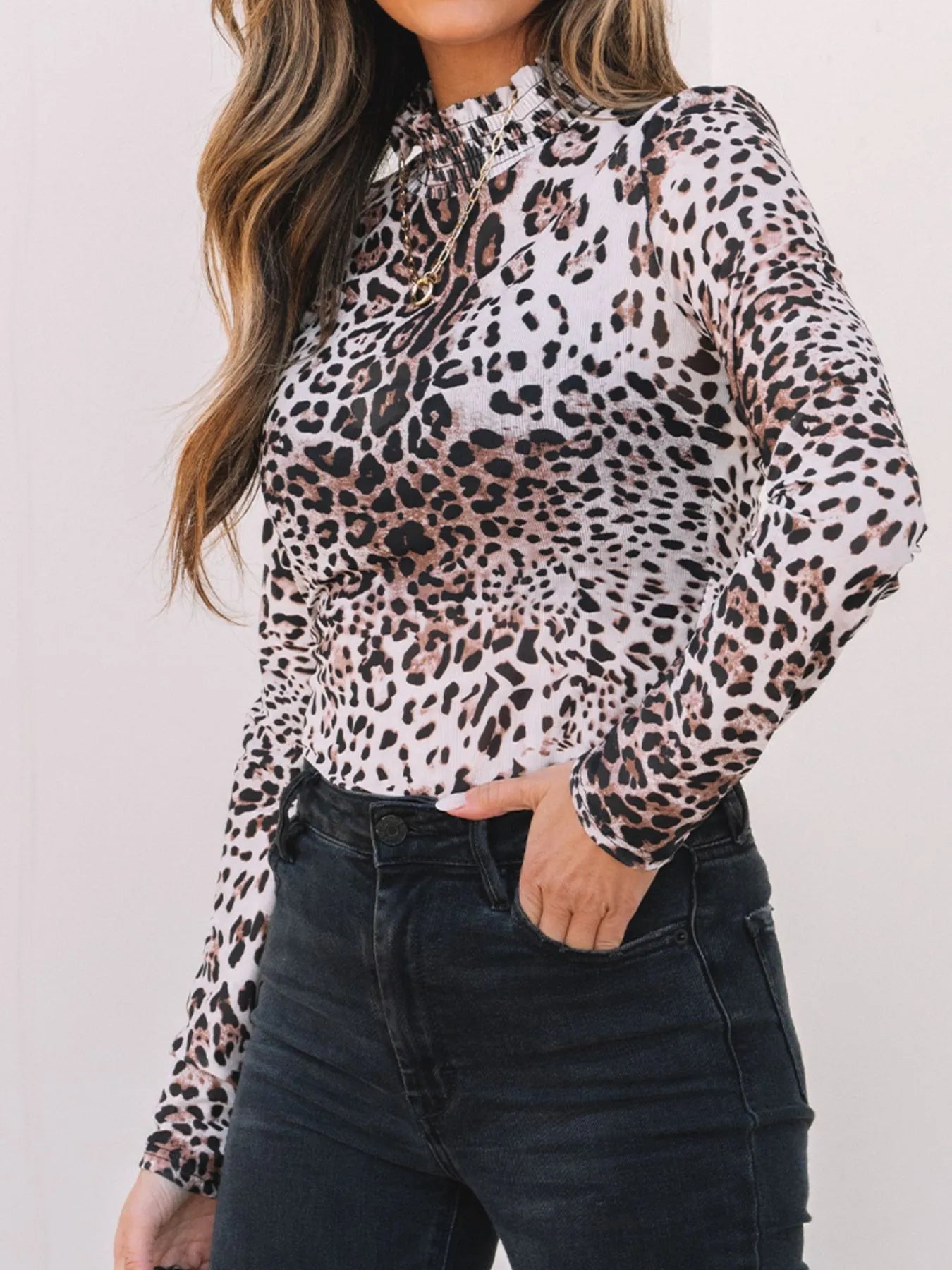 SYNZ Bodysuits Leopard Print Long Sleeve Mock Neck Bodysuit