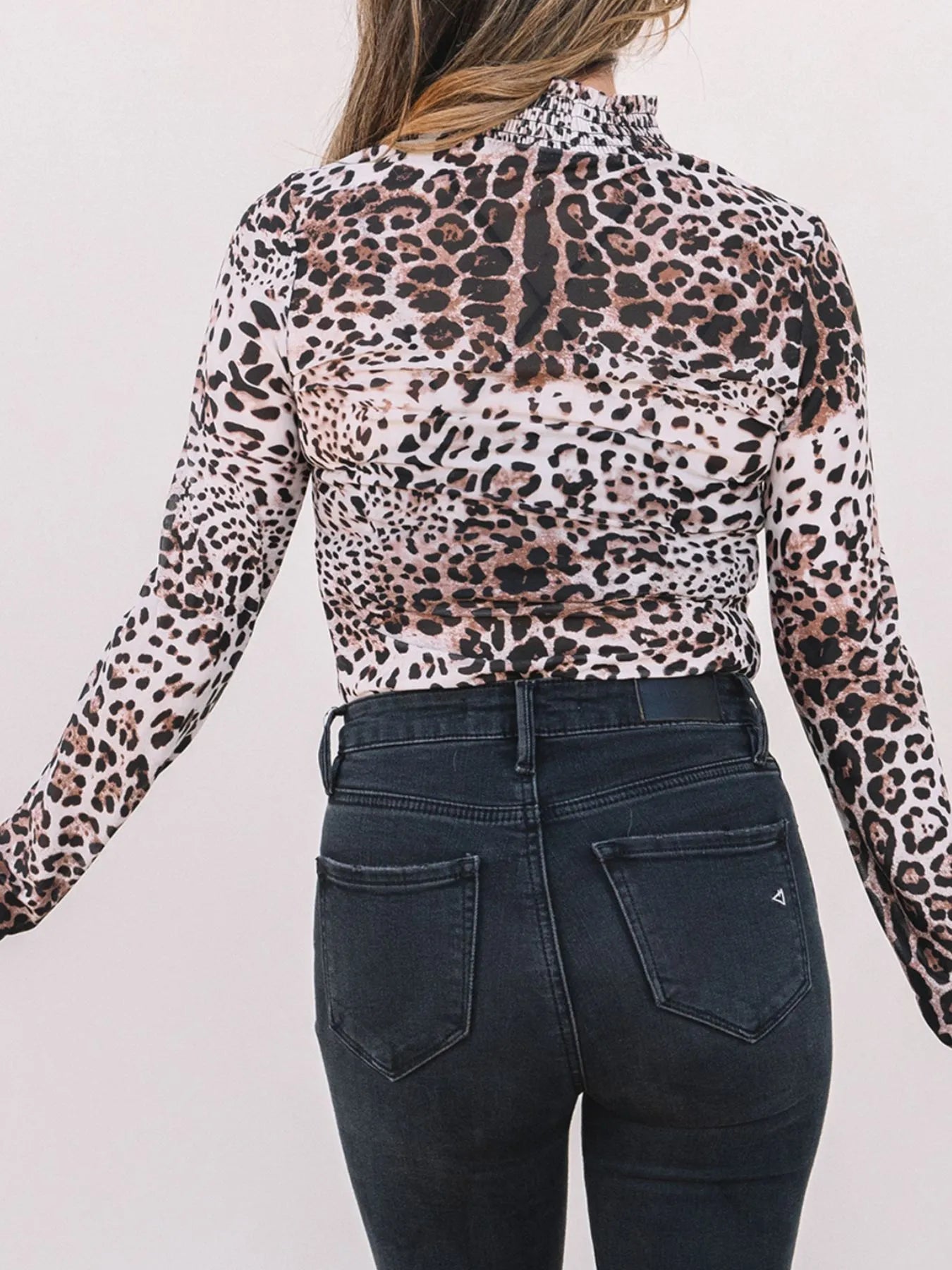 SYNZ Bodysuits Leopard Print Long Sleeve Mock Neck Bodysuit