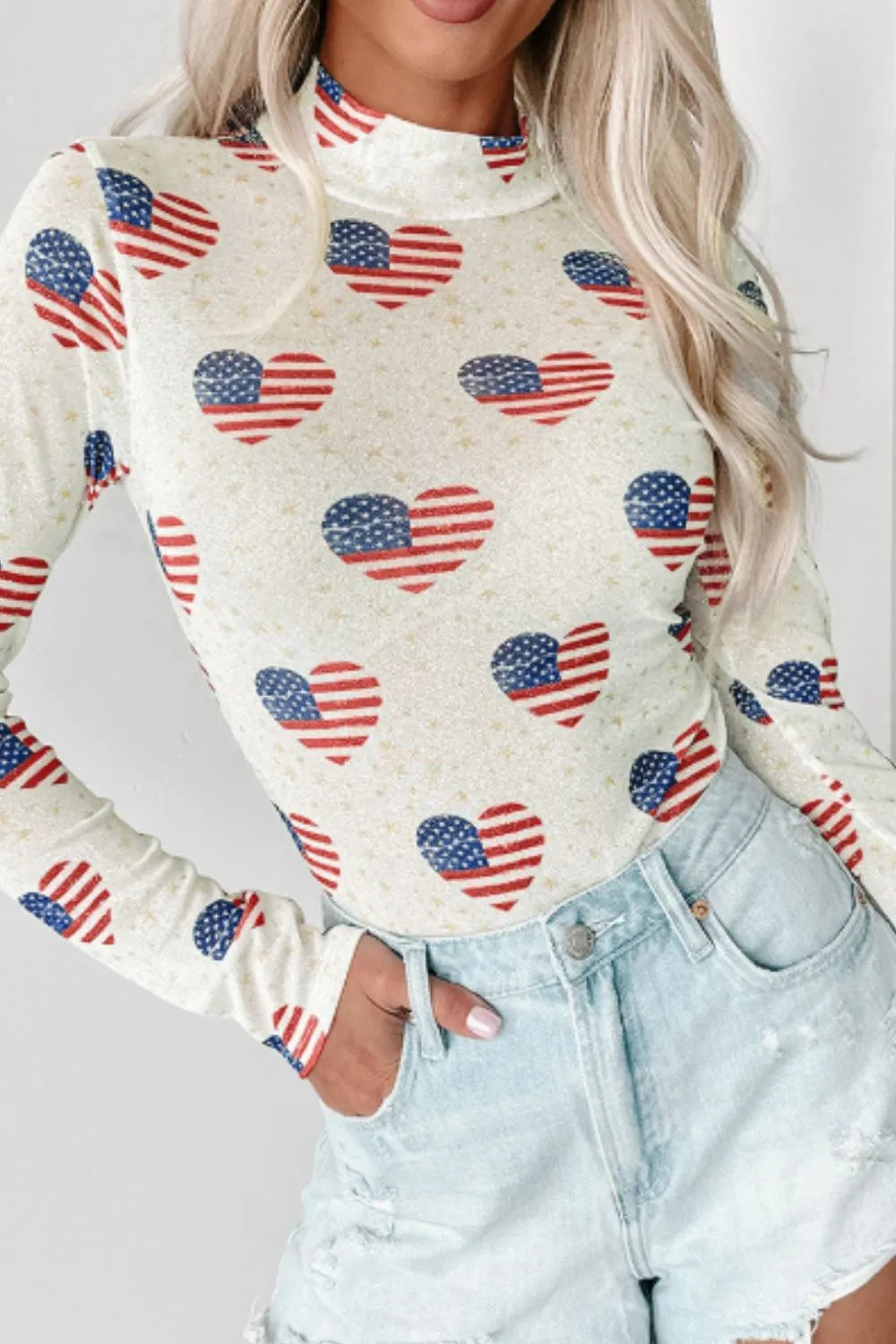SYNZ Bodysuits US Flag Heart Mock Neck Long Sleeve Bodysuit