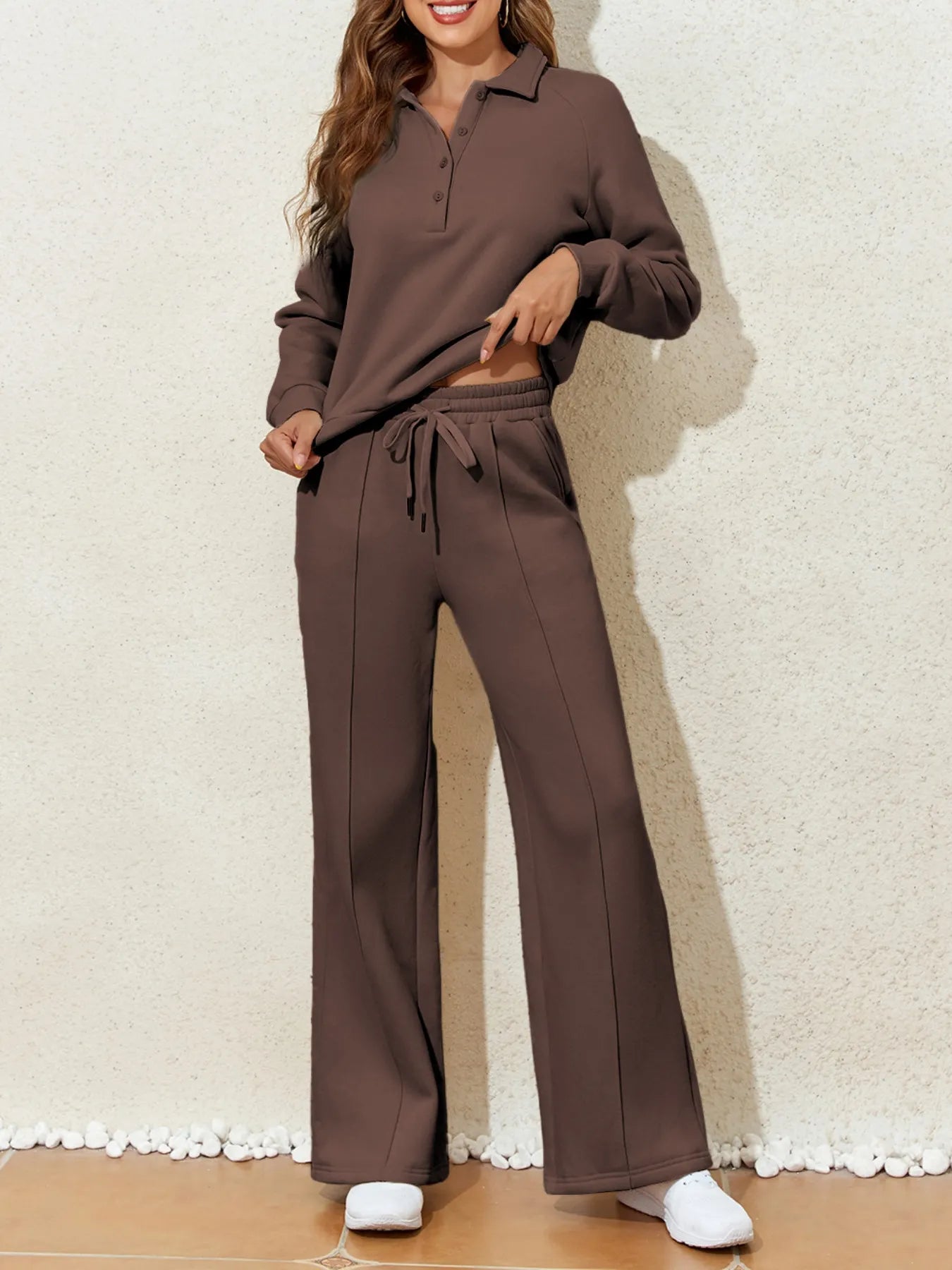 SYNZ Brown / M Collared Sweatshirt and High Waist Pants Active Set